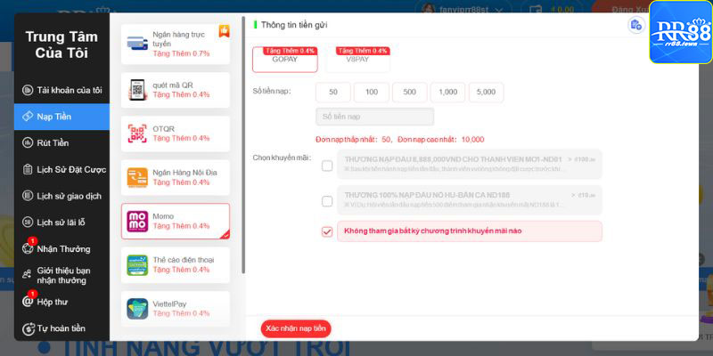 Nạp tiền RR88 qua ví điện tử 